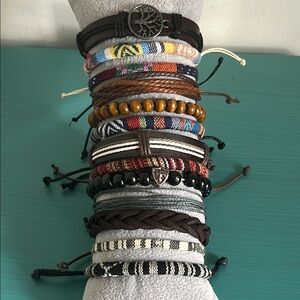 Multicolor Wood Bead Woven Vegan Leather Charm Bohemian Bracelets 13 Piece Set